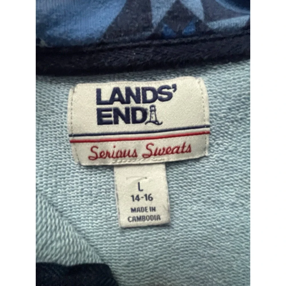 Lands' End Serious Sweats Women's L 14/16 Blue 1/4 Zip Geometric Pullover‎